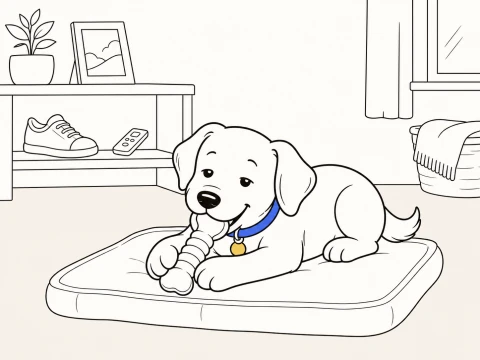 ClickerPup lies on a cushioned mat chewing a toy between its front paws while a shoe and remote sit on a shelf behind.