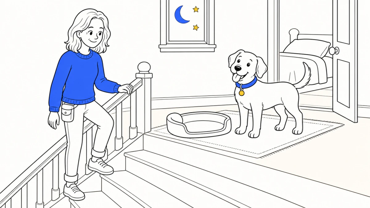 Puppy sleep regression shown by a puppy standing beside an outgrown bed under a moonlit window.