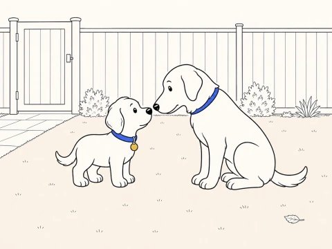 A calm puppy socialization checklist meeting pairs the mascot puppy with one seated adult dog.