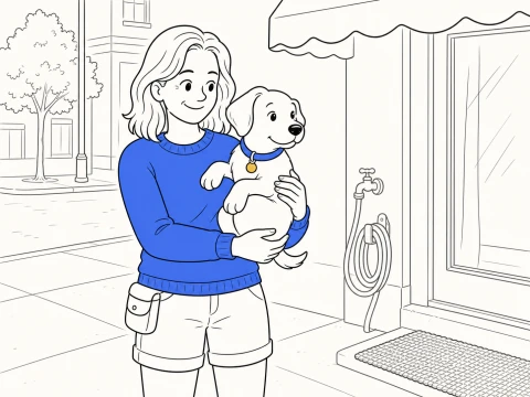 A trainer carries ClickerPup securely at chest height on a sidewalk while the puppy looks calmly toward a storefront.