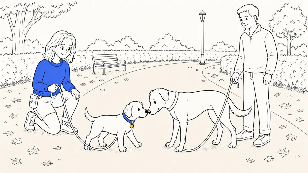 ClickerPup gently sniffs a calm adult dog on a quiet park path while both handlers hold loose leashes.