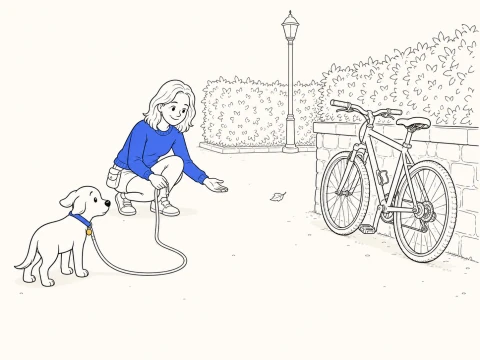 ClickerPup pauses at a distance from a bicycle while a crouching trainer offers an open hand and keeps the leash slack.