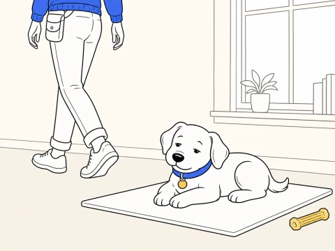 A drowsy ClickerPup lowers into a loaf on a flat mat while a trainer walks away in a bright window nook.