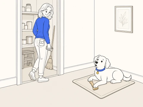 A puppy whining by a pantry doorway pins a chew with one paw while its trainer waits nearby.