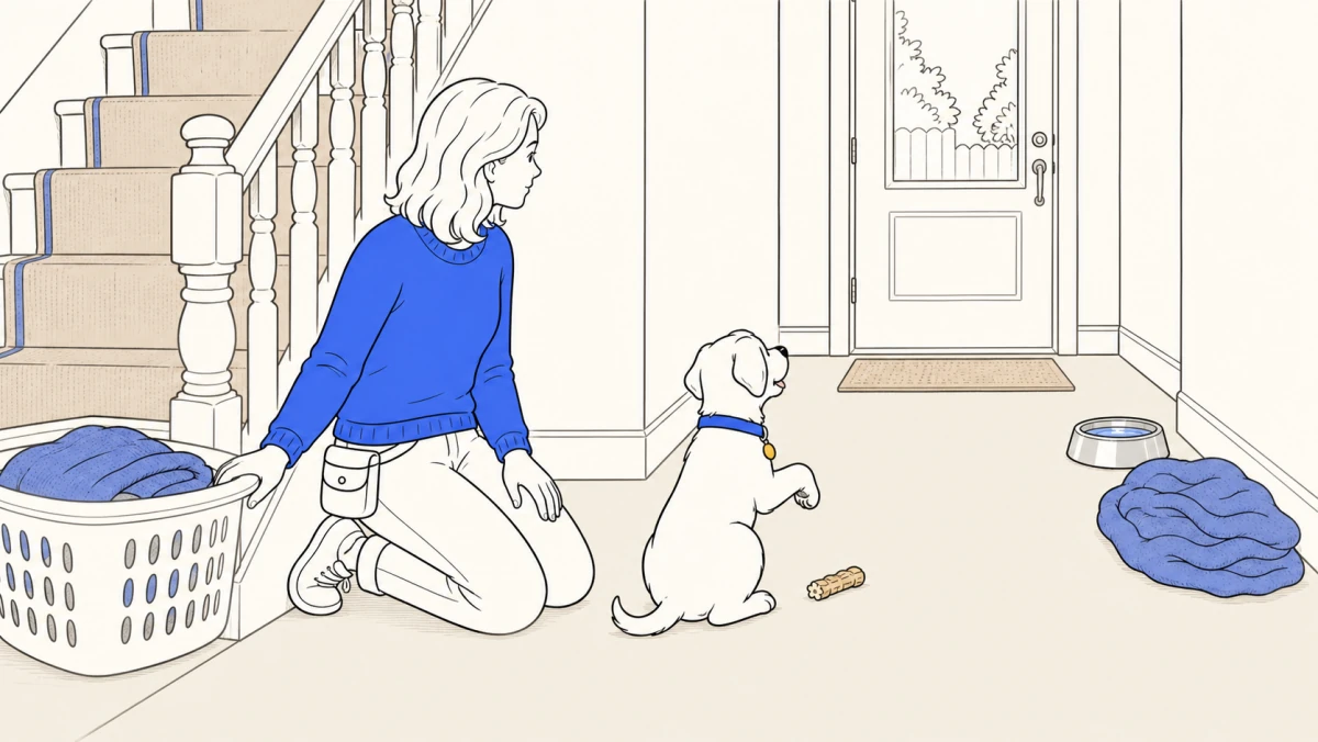 A trainer watches a calm puppy whining with one paw raised toward the closed back door.