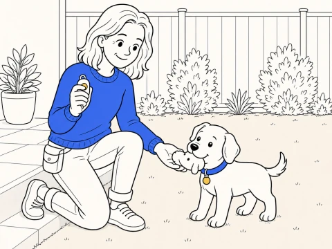 A kneeling trainer presses her clicker with her thumb as ClickerPup gently holds a soft toy resting in her open palm in a garden.