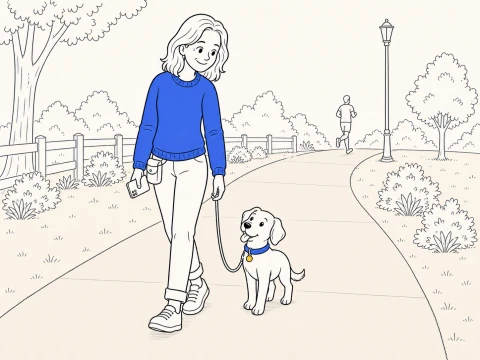 A trainer walks ClickerPup in heel on a park path, holding a slack leash and a back-facing phone while a jogger moves away ahead.