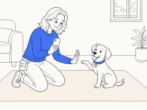 A trainer holds a back-facing iPhone and a low open palm as ClickerPup lifts a paw toward it, seated in a living room.