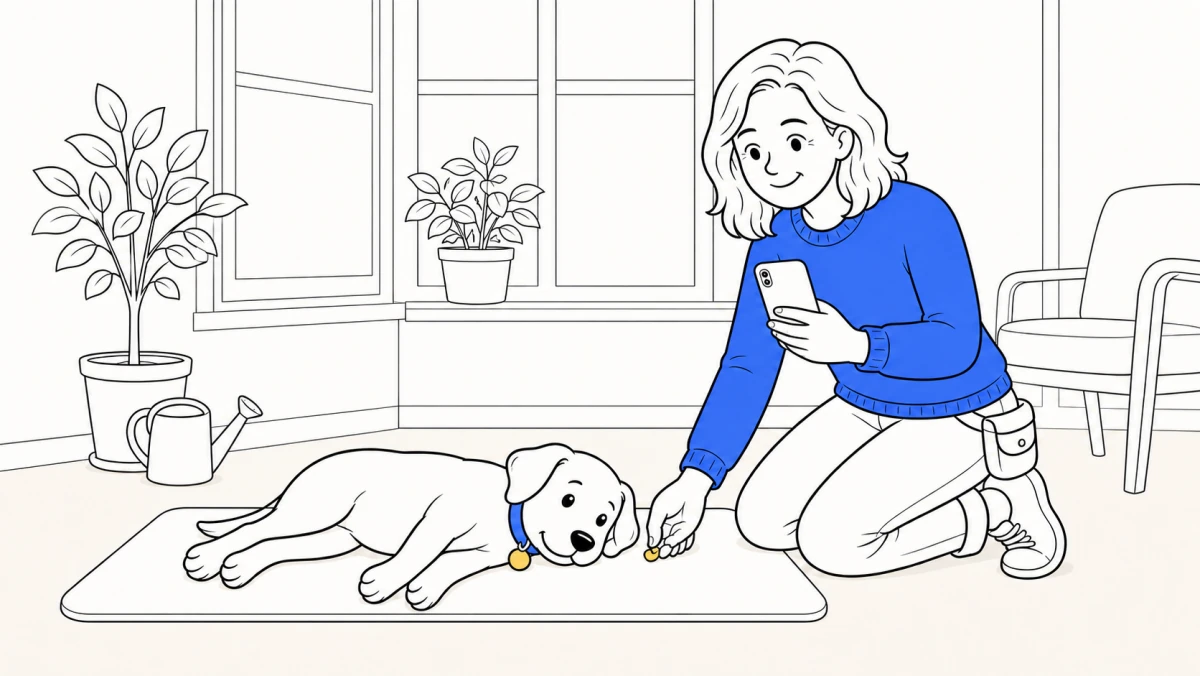 ClickerPup lies relaxed on its side on a soft sunroom mat while a kneeling trainer holds a back-facing iPhone and a treat beside the puppy's nose.