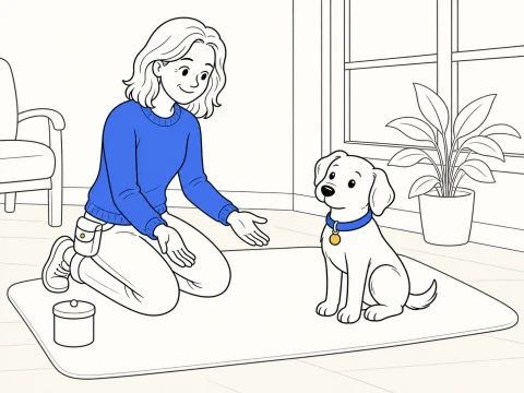 ClickerPup sits upright on a soft sunroom mat while a kneeling trainer waits with both hands open and empty.