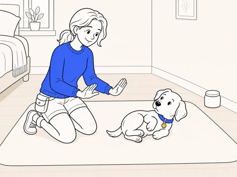 A kneeling trainer holds both empty palms away as ClickerPup pauses partway through a roll on a soft bedroom rug.