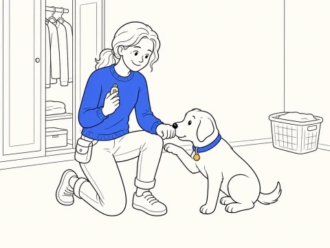 A kneeling trainer presses a clicker as ClickerPup noses her closed fist and lifts one paw beside an open wardrobe.