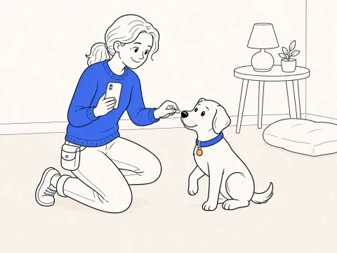 A kneeling trainer holds a back-facing iPhone and keeps a treat just above ClickerPup's nose as the seated puppy begins to lift one front paw in a quiet living room.