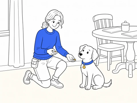 A kneeling trainer presses a small clicker and offers a treat for a closed-mouth pause while teaching a dog to speak.