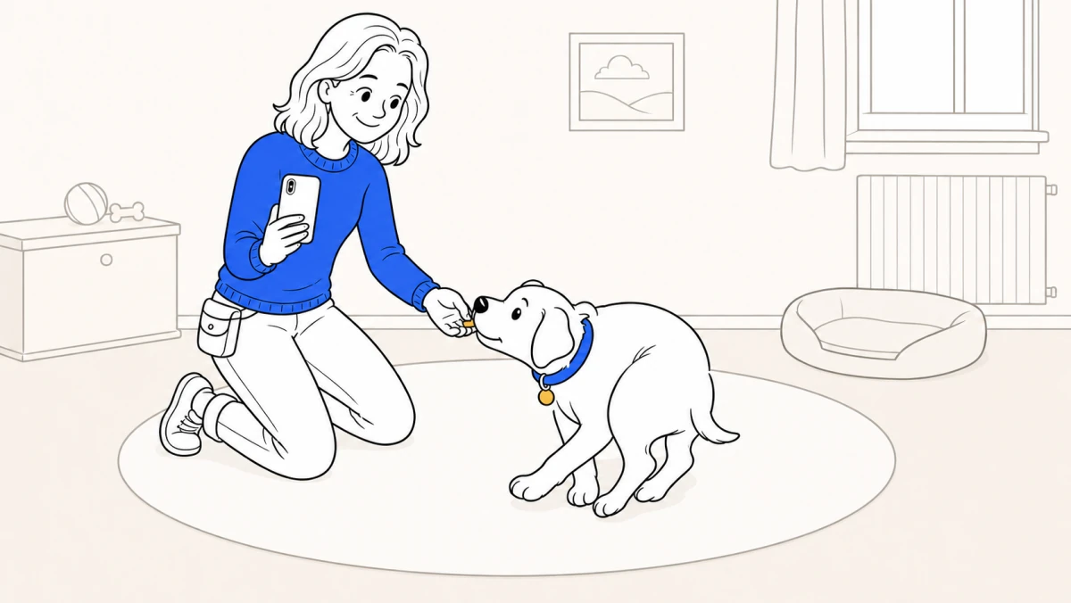 A kneeling trainer holds an iPhone while luring ClickerPup through a full spin on a round living-room rug.