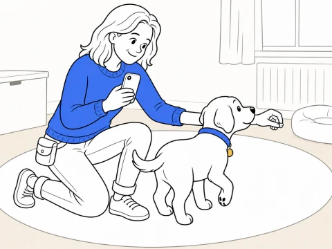 A kneeling trainer holds an iPhone while luring ClickerPup through a half-turn on a round living-room rug.