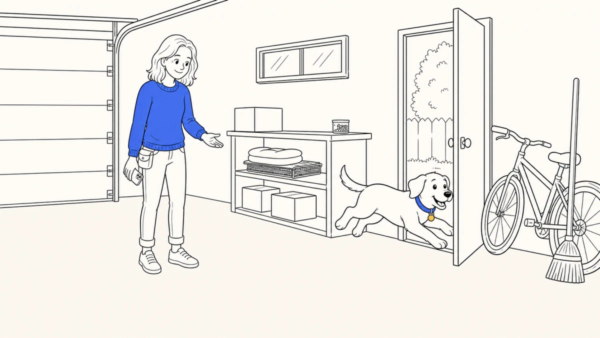 A teenage dog dashes halfway through an open garage door as its trainer offers a calm hand cue.