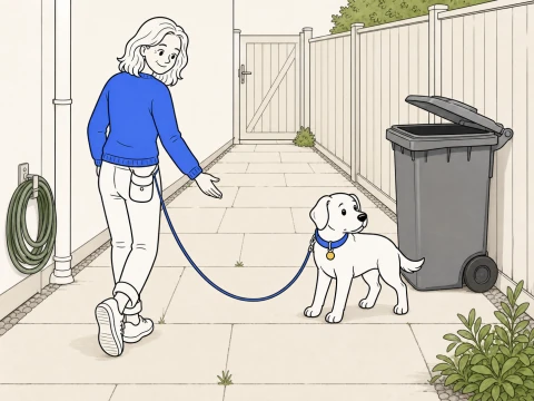 A trainer adds distance as a teenage dog watches an open bin on a slack leash in a side passage.