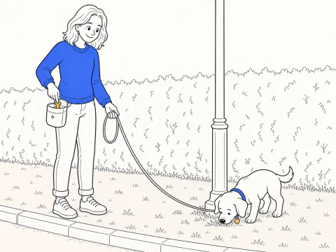 Training a dog with treats: a puppy sniffs grass while the trainer reaches into an open treat pouch.