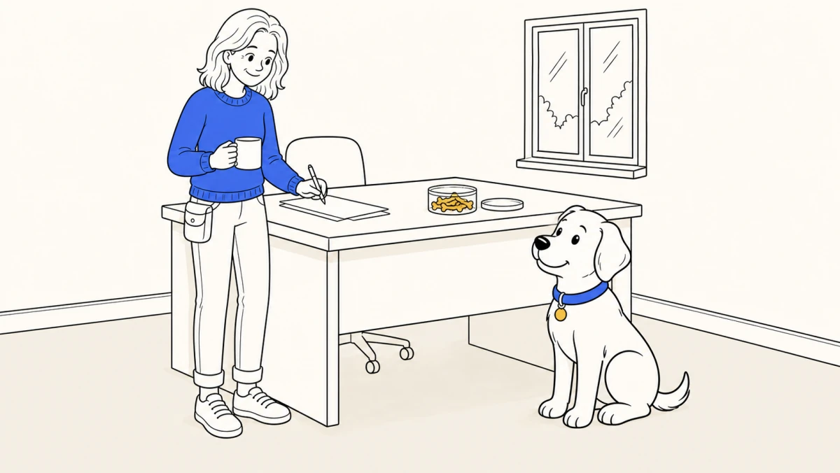 Training a dog with treats: a trainer watches a seated puppy beside a treat jar and a waist pouch.