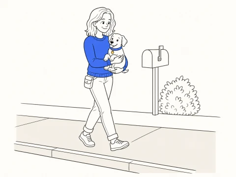 When can a puppy go outside? A trainer carries the small puppy clear of shared public pavement.