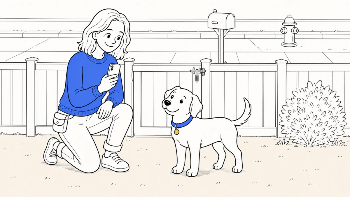 A trainer checks her phone beside a latched garden gate, answering when can a puppy go outside.