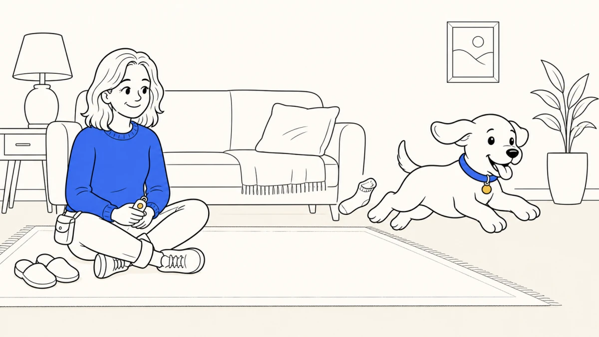 A happy puppy bounds through a lamp-lit living room, paws in the air, flicking a loose sock, trainer watching calmly nearby.