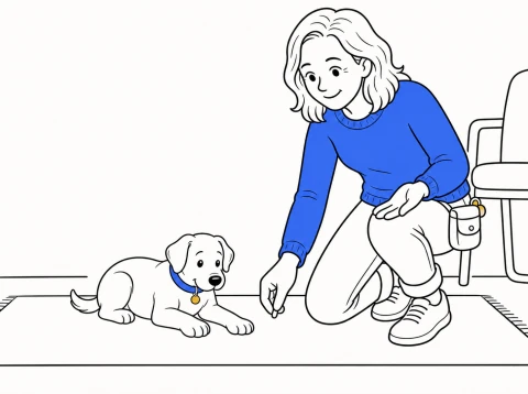A trainer kneels beside a relaxed puppy, lowering a treat toward its front paws, her other hand resting empty on her knee.