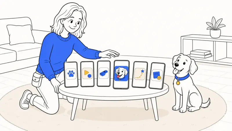 A trainer compares six puppy training app icons, including ClickerPup, while a puppy sits beside the table.