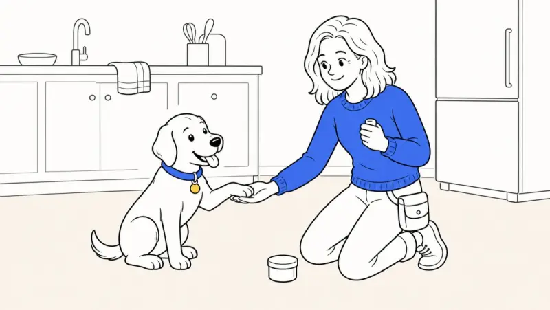 A kneeling trainer presses a clicker as ClickerPup rests one paw on her open palm in a bright kitchen.