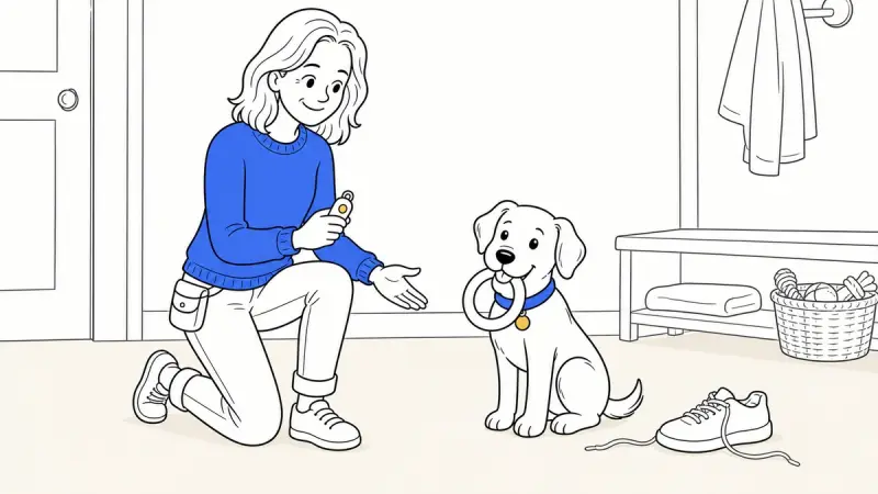A kneeling trainer clicks as ClickerPup sits holding a ring toy beside an untouched shoe with a loose lace in a bright mudroom.