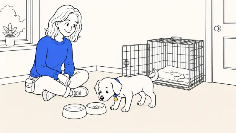 A seated trainer calmly watches ClickerPup sniff food and water bowls beside an open crate prepared with bedding and a chew.