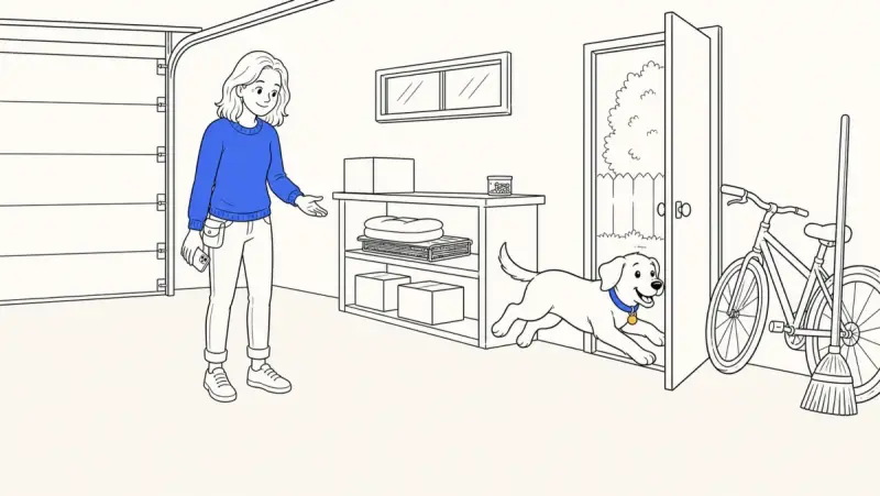A teenage dog dashes halfway through an open garage door as its trainer offers a calm hand cue.