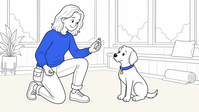 A kneeling trainer presses a clicker as ClickerPup holds a sit, with a treat ready in her other hand.