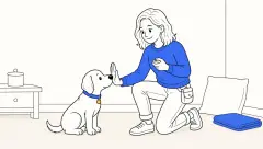 A kneeling trainer presses a clicker as ClickerPup touches its nose to her upright open palm in a quiet sitting room.