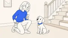 A trainer holds a phone and takes a treat from her pouch as a seated puppy looks up during force free dog training.