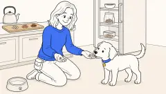 A trainer offers two high value treats for dog training as her puppy chooses one beside an open fridge.