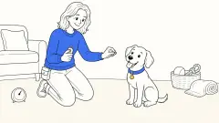 A kneeling trainer clicks and offers ClickerPup one treat as a short puppy training session ends beside a numberless timer.