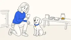 How much does puppy training cost? A trainer uses an iPhone beside a closed wallet and a jar of gold coins.
