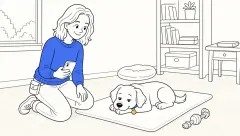 A kneeling trainer holds a phone as ClickerPup rests awake with half-lidded eyes and its chin on its paws on a mat.