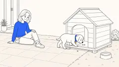 A trainer shows how to kennel train a dog as a puppy follows food into an outdoor wooden shelter.