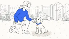 A trainer feeds ClickerPup a treat on a worn grass patch, showing how to potty train a puppy.