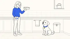 How to stop a dog from counter surfing: a trainer clears the final container while a puppy watches from the floor.