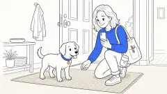 A crouching trainer holds an iPhone and offers a low treat while ClickerPup stands with all four paws on an entry mat beside an open front door.