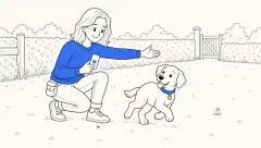 How to teach a dog to come when called: a trainer rewards a puppy before releasing it back towards the field.