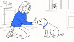 A kneeling trainer presents an open palm during hand target dog training as a seated puppy leans toward it.