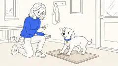 A kneeling trainer presses a clicker as ClickerPup turns from sniffing a mudroom doormat toward her, with one treat ready in her other hand.