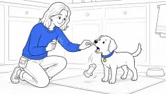 Kneeling trainer clicks as ClickerPup opens its mouth and drops a soft toy for a treat on a kitchen floor.