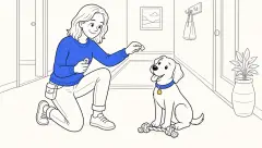 Puppy leave it training with a toy, treat, and clicker.
