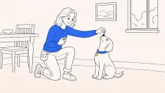 Trainer holds a treat over a seated puppy tipping its nose up, thumb on the yellow clicker button.